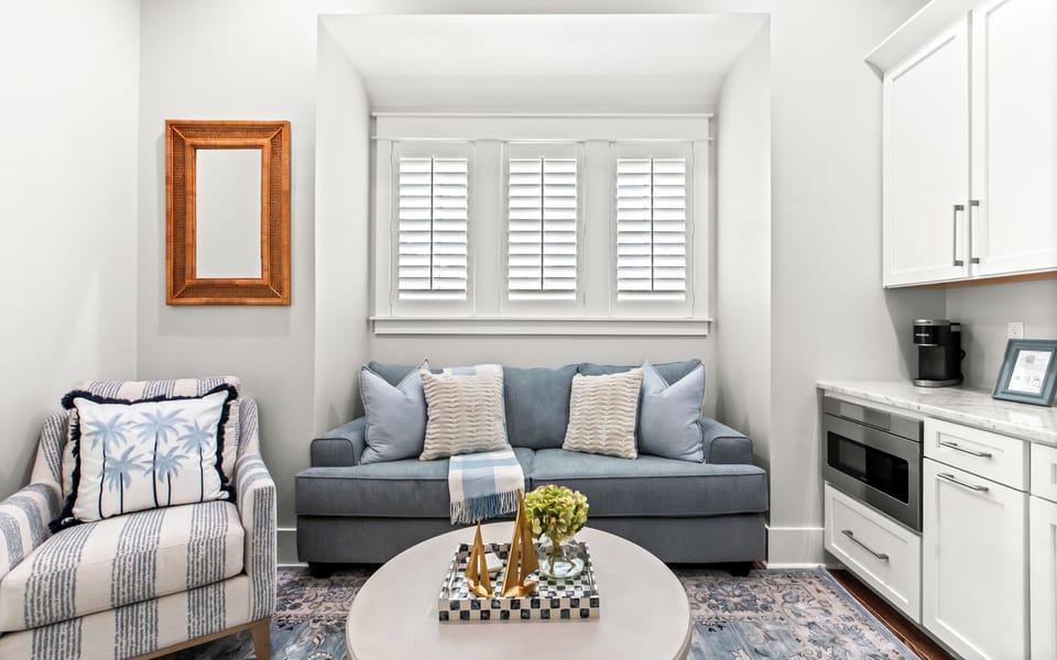 The carriage house apartment includes a living room and kitchenette