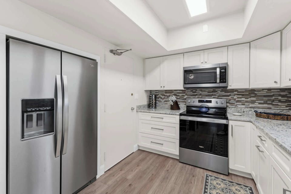 Stainless Steel Fridge and Full-Size Kitchen