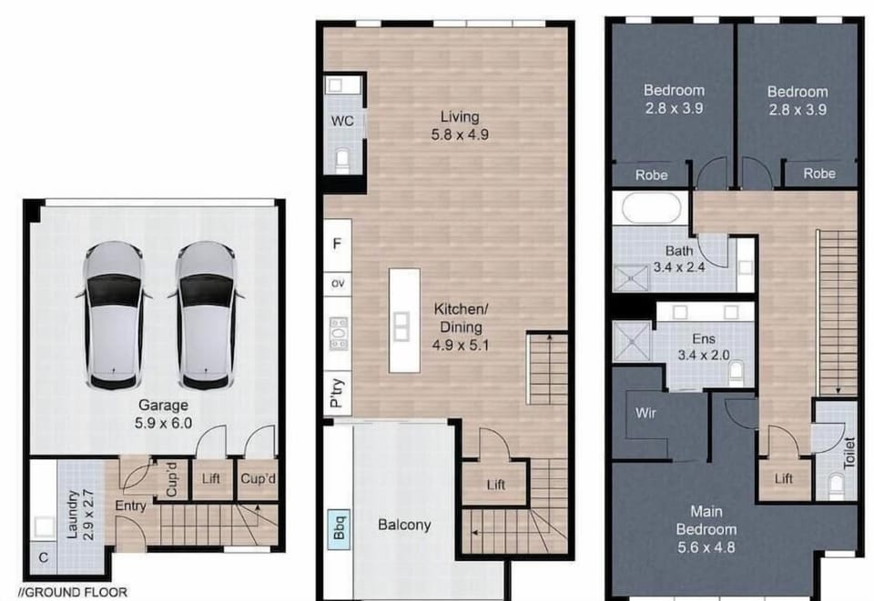 Floor plan overview of the three-level layout