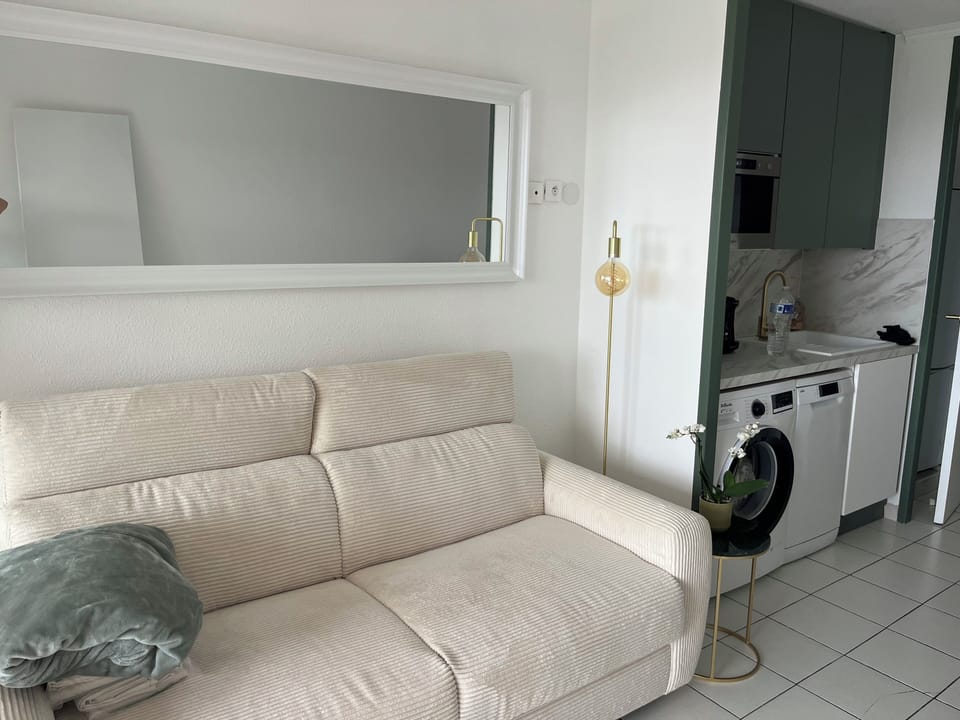 Living room with new sofa bed and smart TV