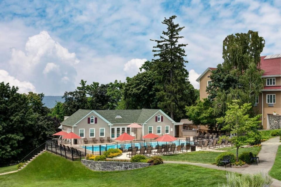 Pool area with umbrellas surrounded by lawns and tall trees
