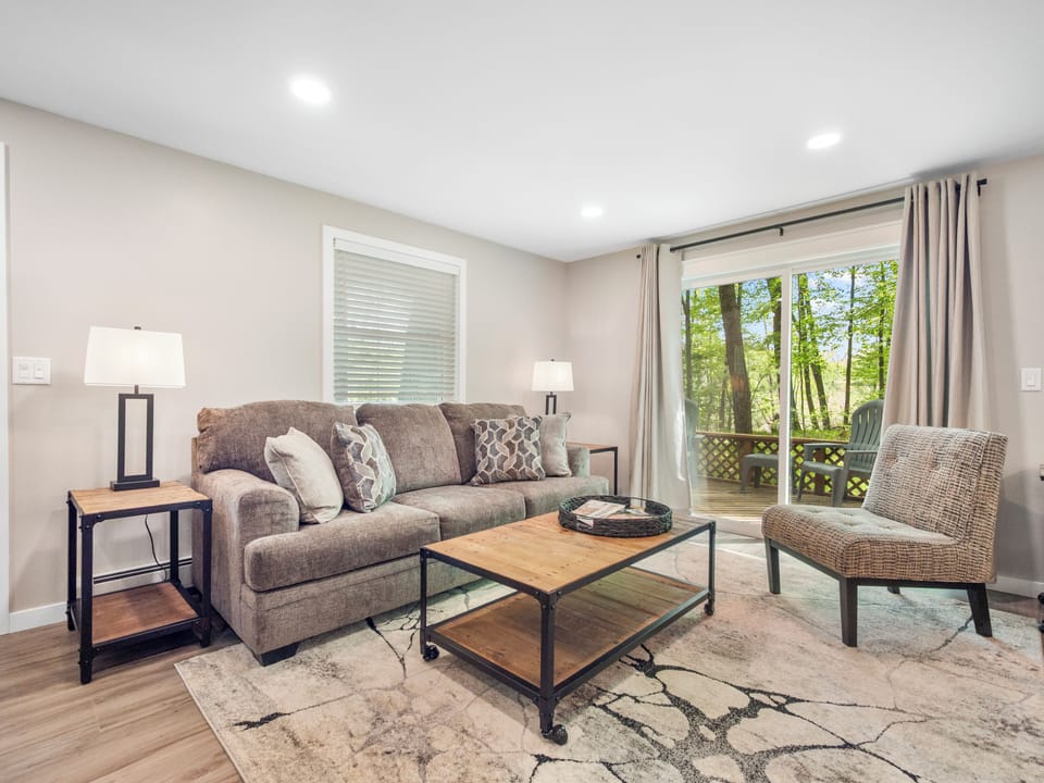Living room with comfy sofa-sleeper. Wooded view out the sliding door to deck.