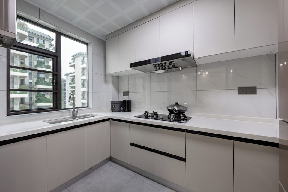 Full-size fridge, oven, rice cooker, cleaning supplies