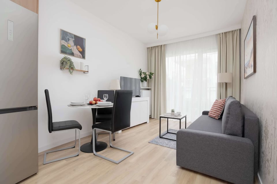 The dining and living area viewed from the kitchen highlights the compact yet efficient furniture arrangement. A small black table with two chairs sits near the window, next to the gray sofa and coffee table.