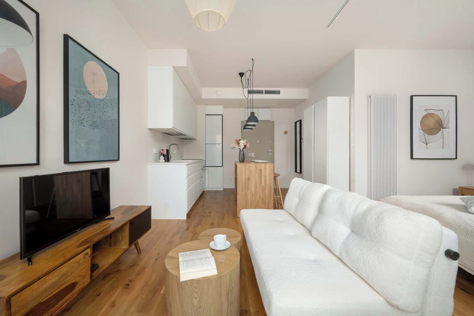 A long view of the studio apartment highlighting the flow from the living area past the kitchen island towards the entrance. The white walls and light wood elements make the interior feel expansive.