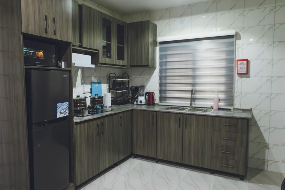 Family Apartment, Balcony, City View | Private kitchen | Fridge, microwave, oven, stovetop