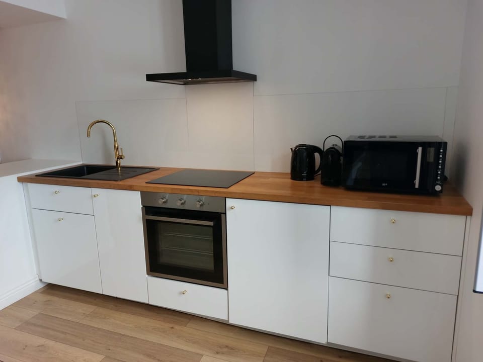 Comfort Apartment | Private kitchen | Full-size fridge, microwave, oven, stovetop