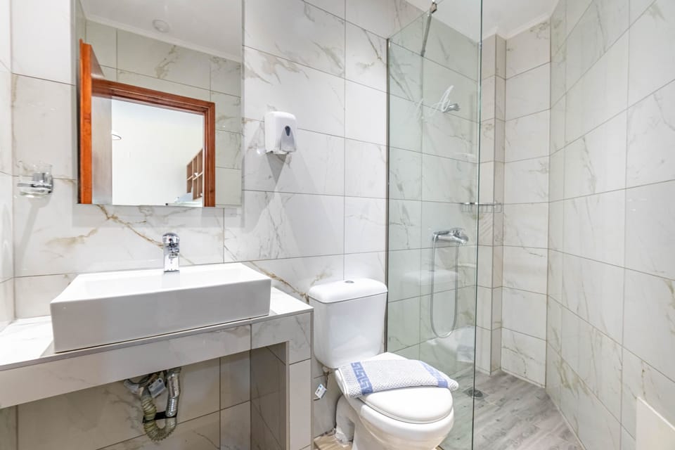 Studio | Bathroom | Shower, rainfall showerhead, hair dryer, towels