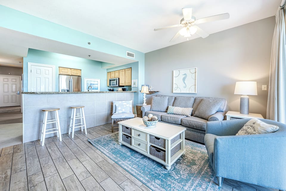 Living Area, Breakfast Bar and Kitchen