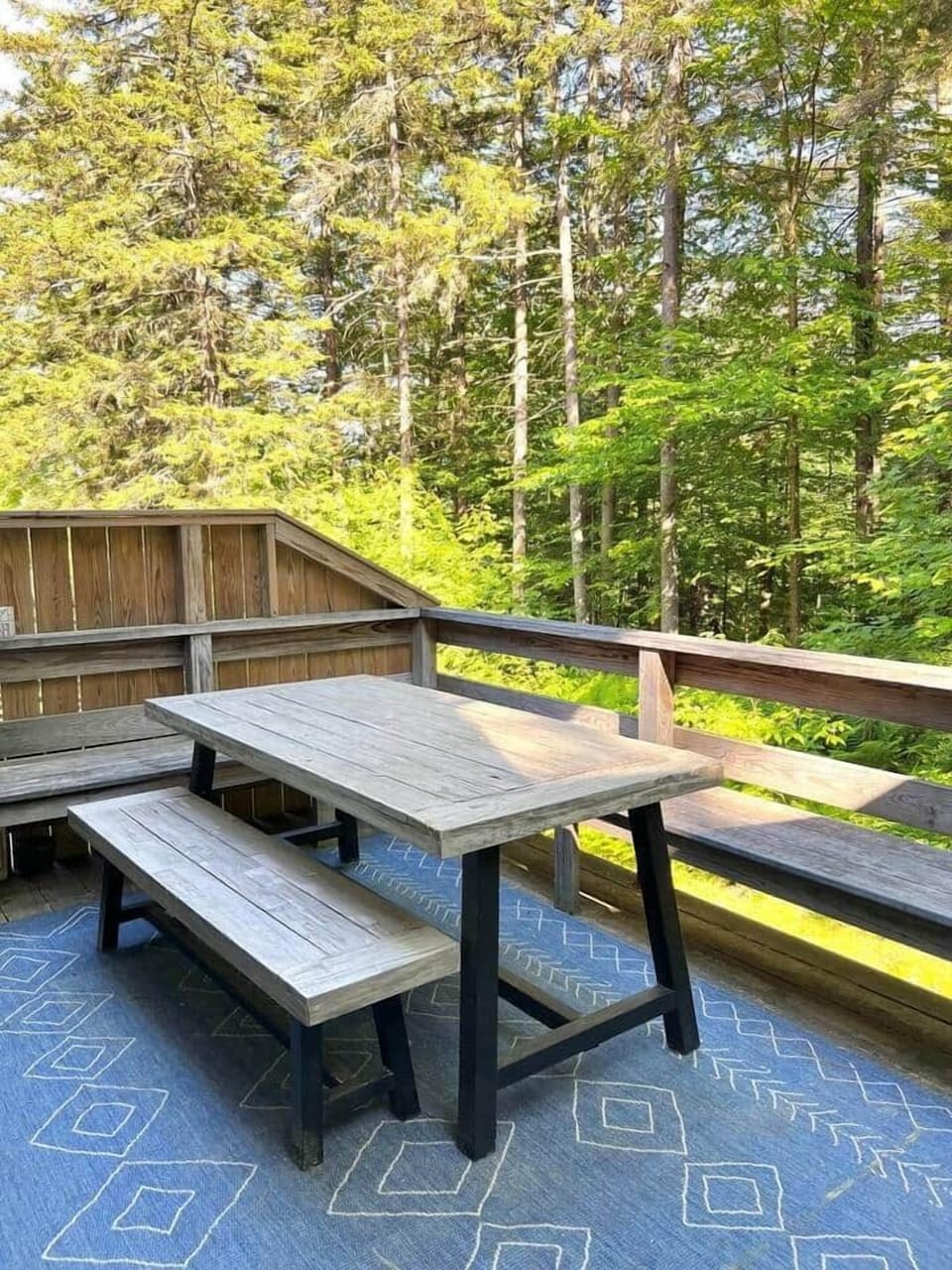 Ample seating outside at the picnic table for warm Summer nites sitting amidst the forest in Stowe.