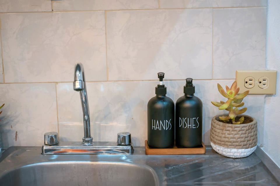 Clean kitchen sink with modern soap dispensers and stylish decor