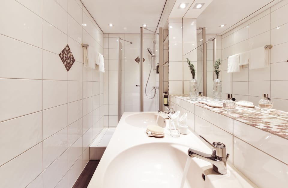 Family Room | Bathroom | Shower, designer toiletries, hair dryer, towels