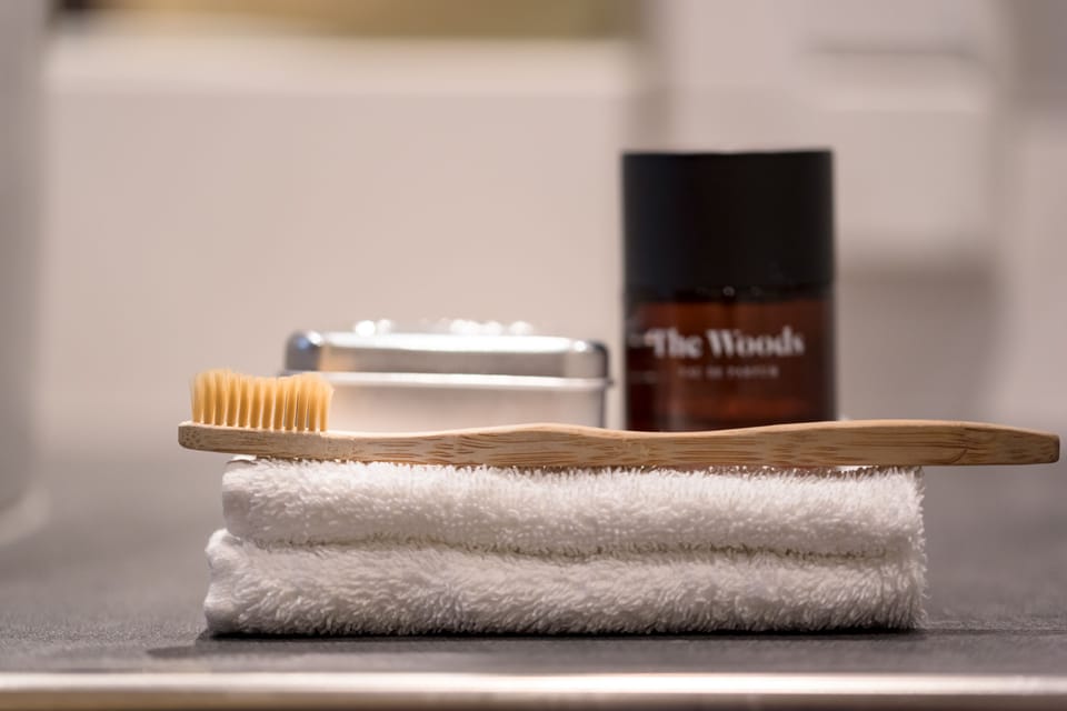 Shower, designer toiletries, hair dryer, towels