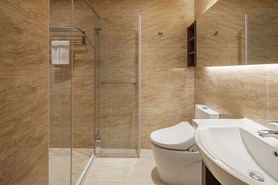 Shower, hair dryer, slippers, bidet