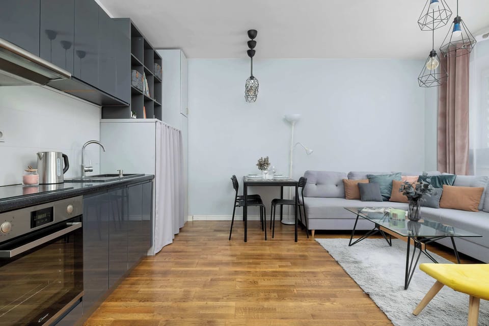 An open-plan apartment with a modern kitchenette and comfortable seating area. Wooden floors and dark cabinets give the space a stylish look.