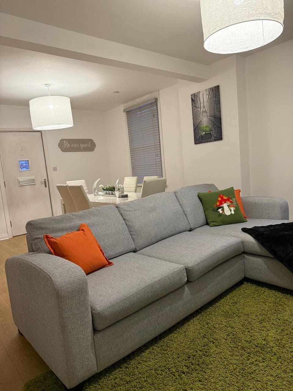 Cozy living area with modern furnishings, vibrant green accents, and a smart TV for entertainment.