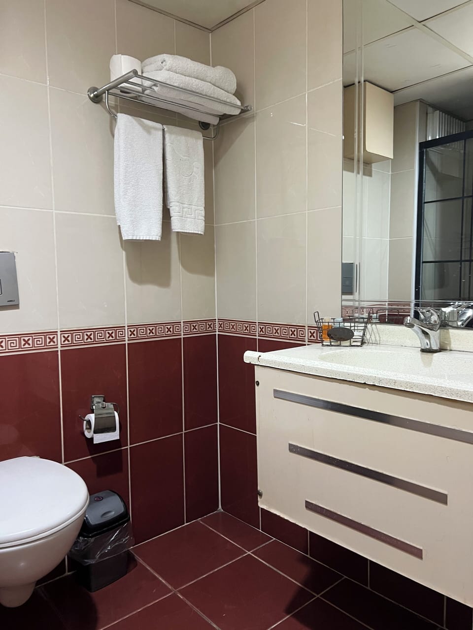 Hair dryer, towels, soap, shampoo