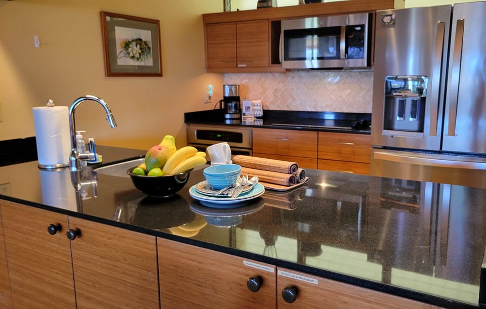 Updated with stainless steel appliances, tropical bamboo cabinets!