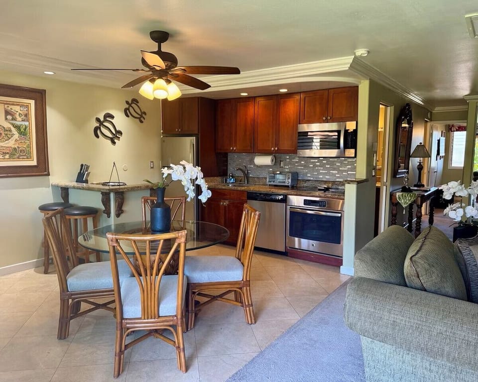 Full-size stainless steel appliances.