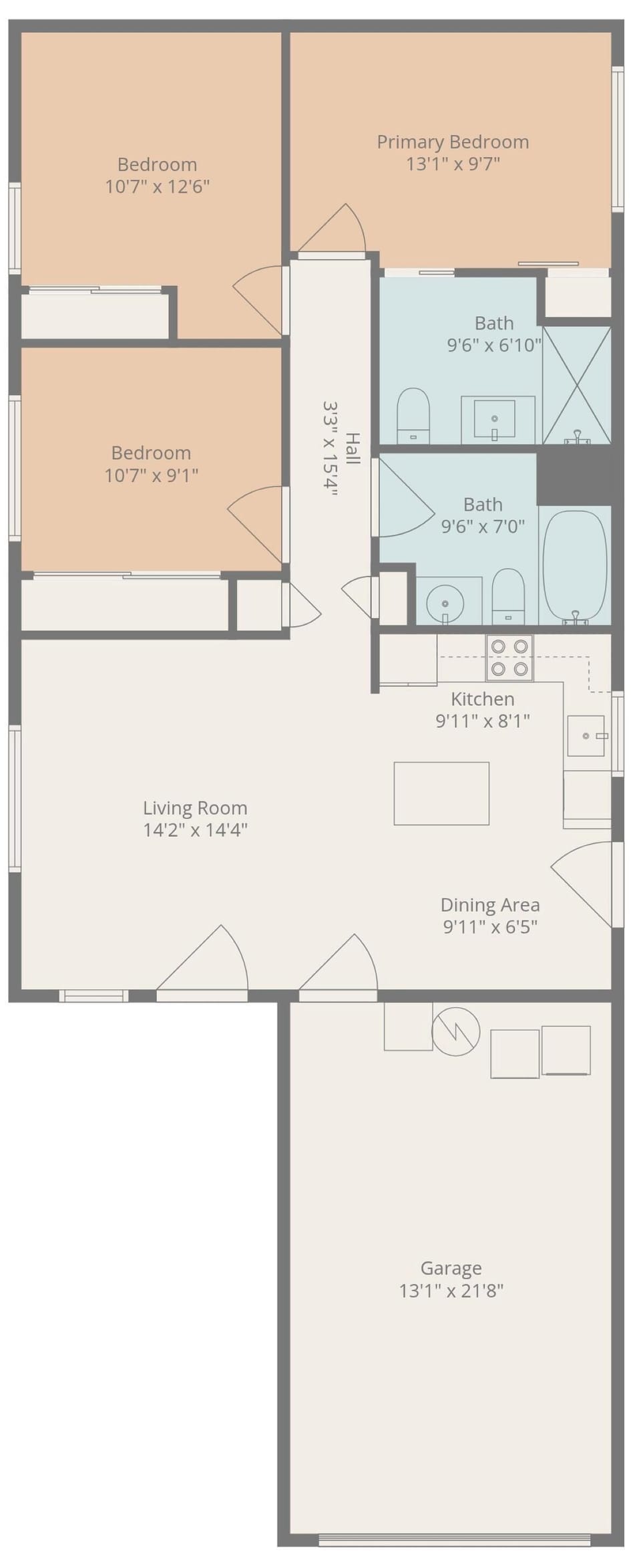 This three-bedroom floor plan shows your vacation home layout with comfortable bedrooms, two full bathrooms, an open living and dining area, and a convenient attached garage.
