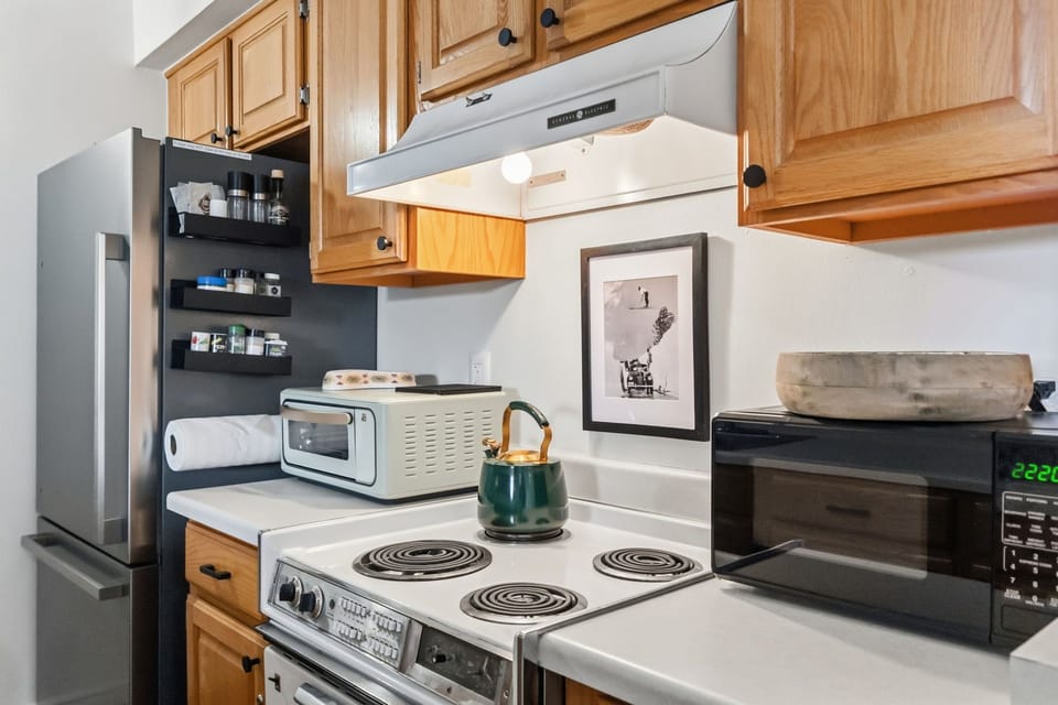 Your fully equipped kitchen features everything needed for home-cooked meals, from morning coffee to hearty dinners during your stay.