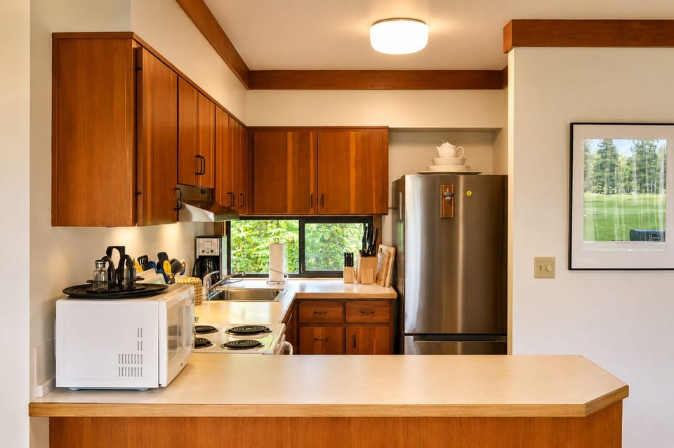 Your fully equipped kitchen invites you to prepare meals with warm wood cabinetry, modern appliances, and a bright window overlooking lush greenery outside.