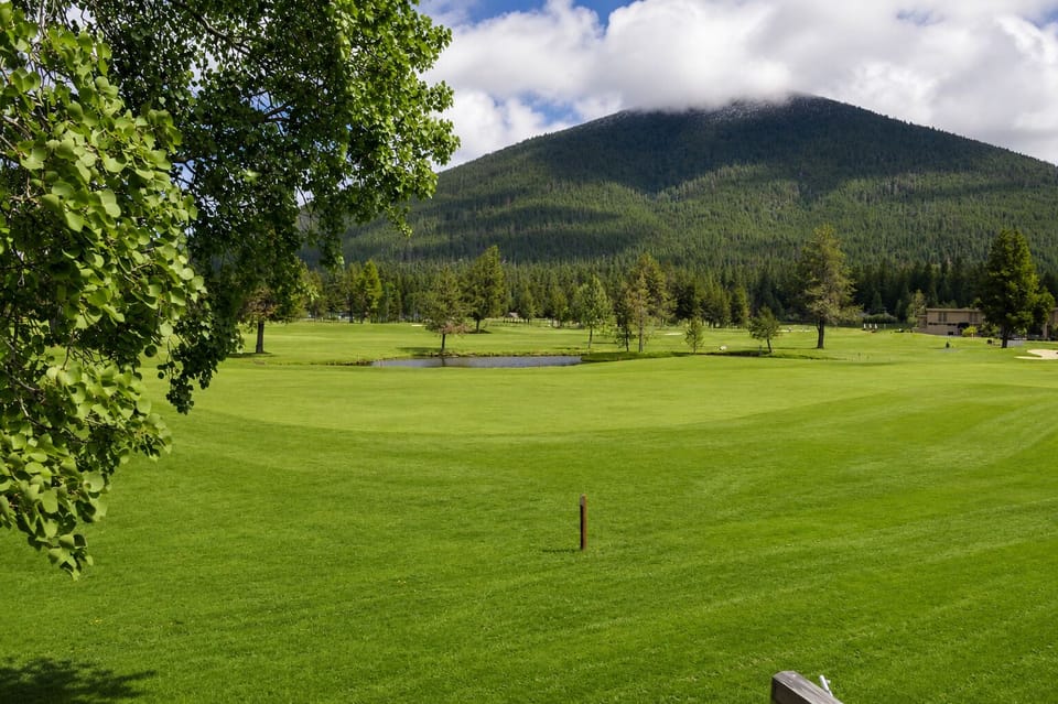 A scenic golf course surrounded by dense forest and dramatic mountain peaks creates a stunning natural setting in this peaceful outdoor area.