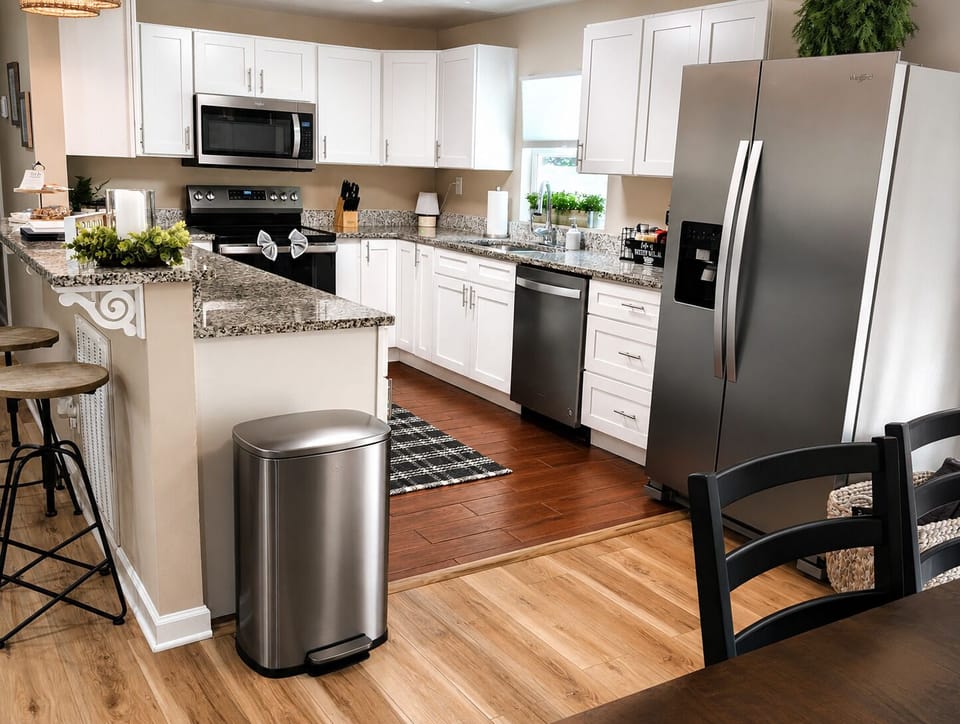 Microwave, coffee & Keurig coffee maker, oven, refrigerator, stovetop. Small appliances, dish & glassware for 8 in cabinets. 