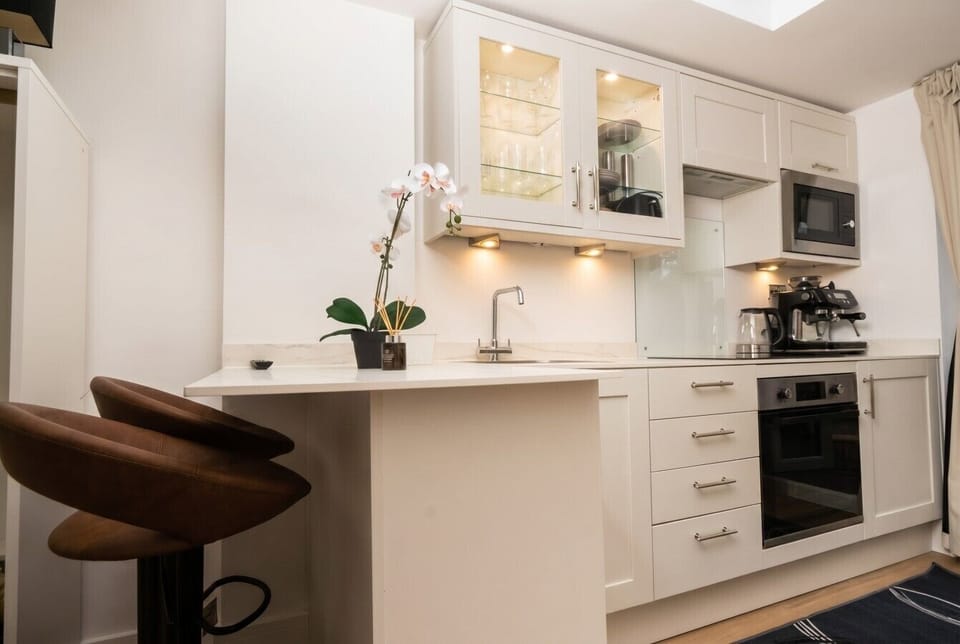 Sleek kitchen with breakfast bar and skylight glow.