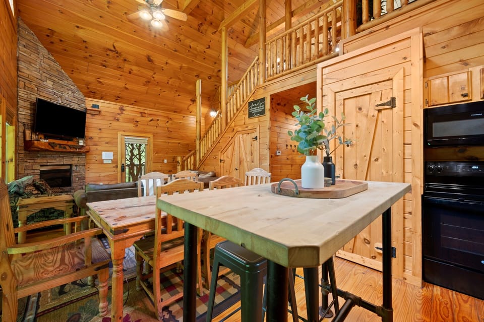 Fully stocked kitchen — stove, oven, microwave, fridge, and everything you need to cook in