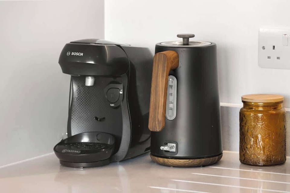 Coffee station w/ machine & kettle, perfect for easy morning routines