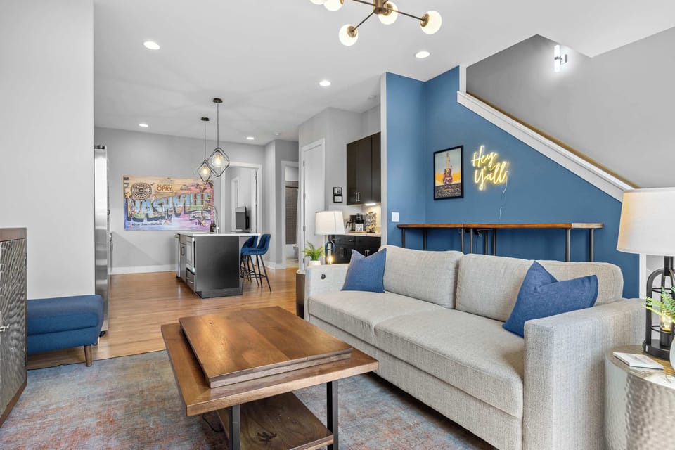 Comfortable seating for relaxing after exploring Nashville. The sofa is a full-pull out couch