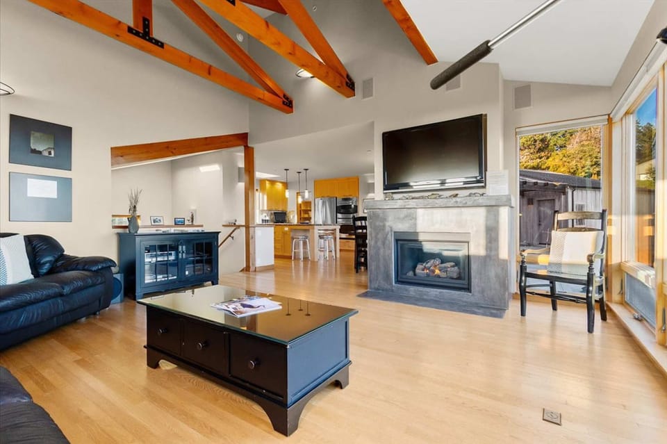 Living room w/ smart TV, fireplace, & ocean views