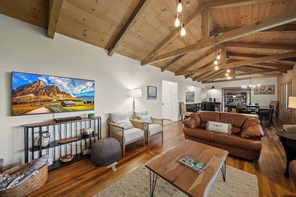 Vaulted, Open Beam Wood Ceiling and Wood Floors