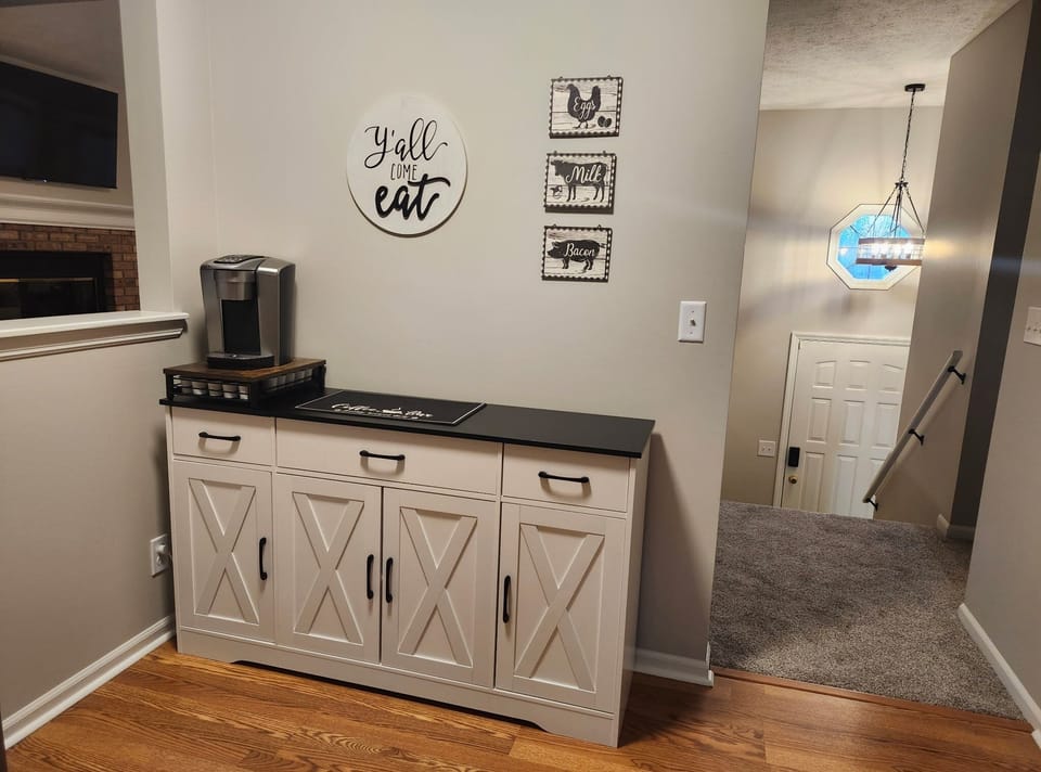 kitchen buffet with many Electric appliances for your cooking and prep needs with Kuerig coffee maker