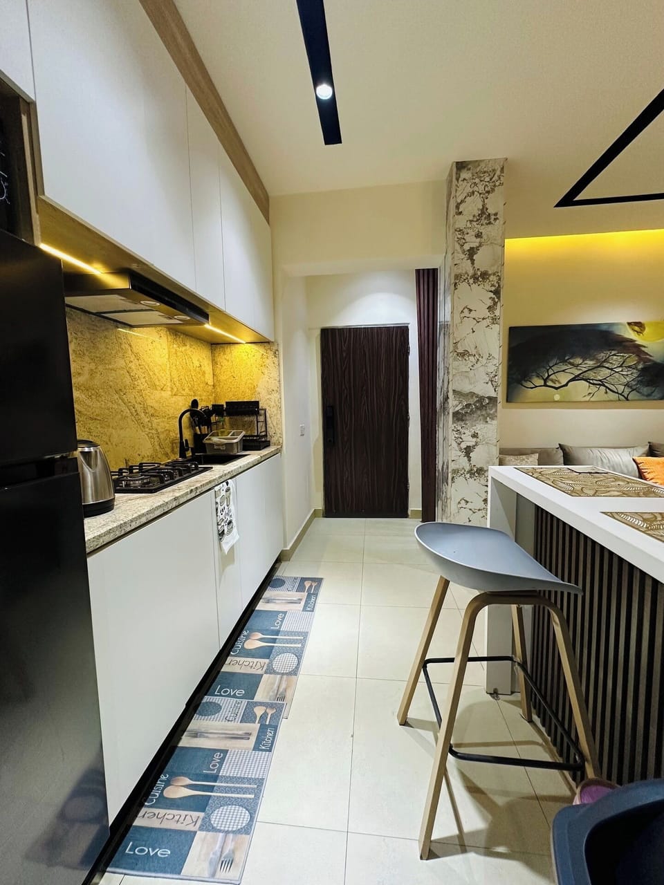 Family Apartment, Balcony, City View | Private kitchen | Fridge, microwave, oven, stovetop