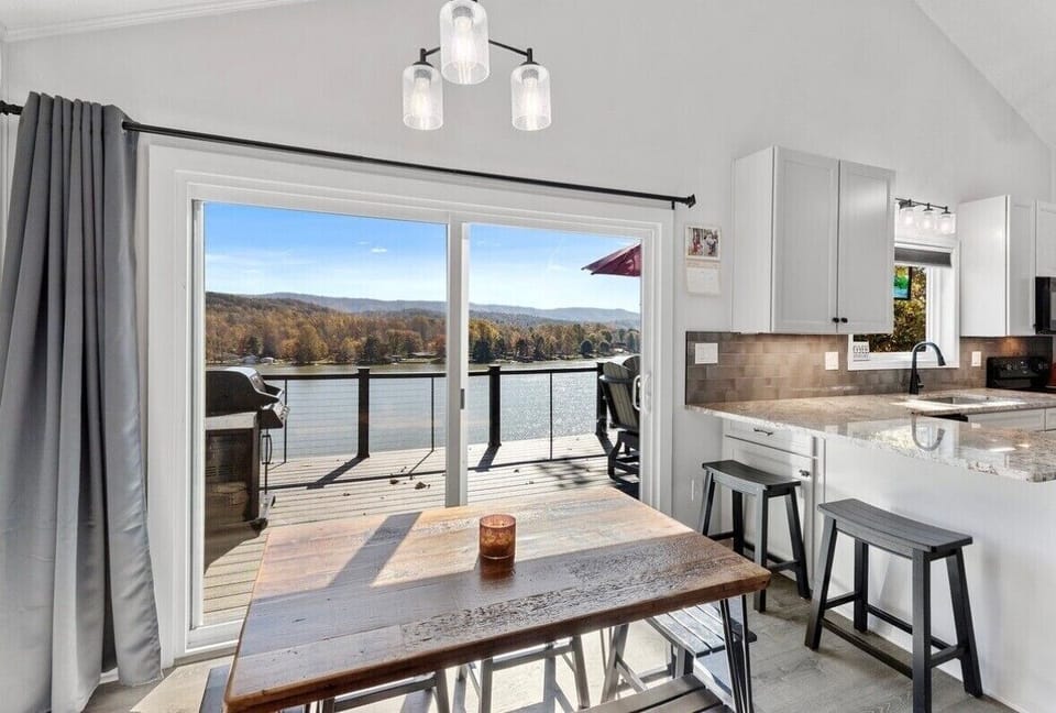 Big windows bring the lake right into the kitchen.