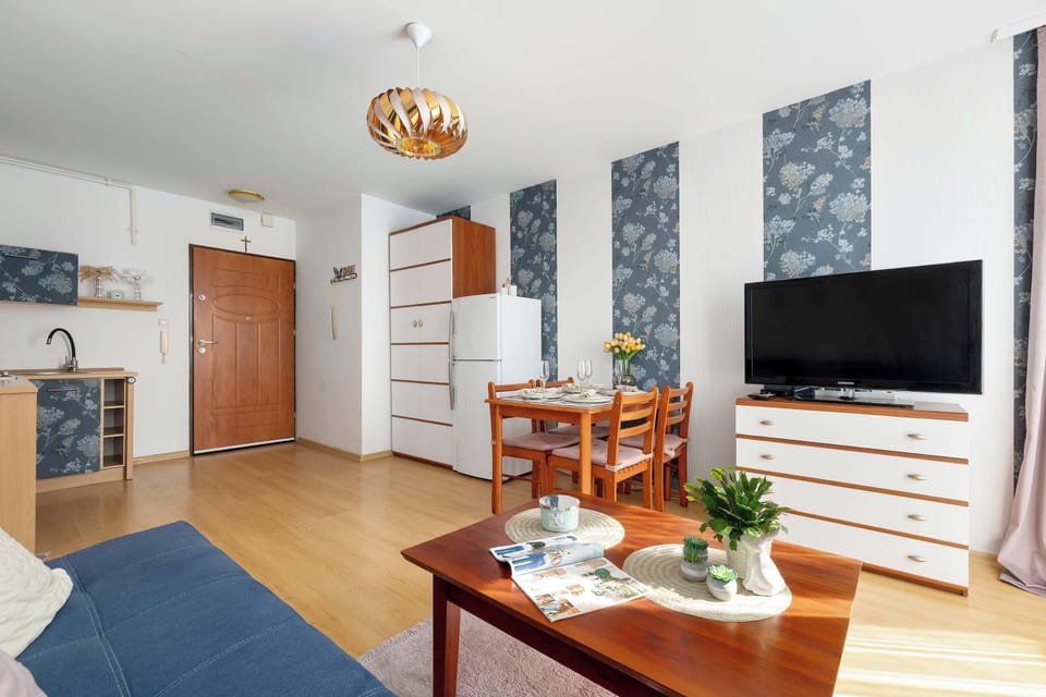 A bright studio interior featuring a small white wardrobe, a TV stand, and patterned wallpaper accents.