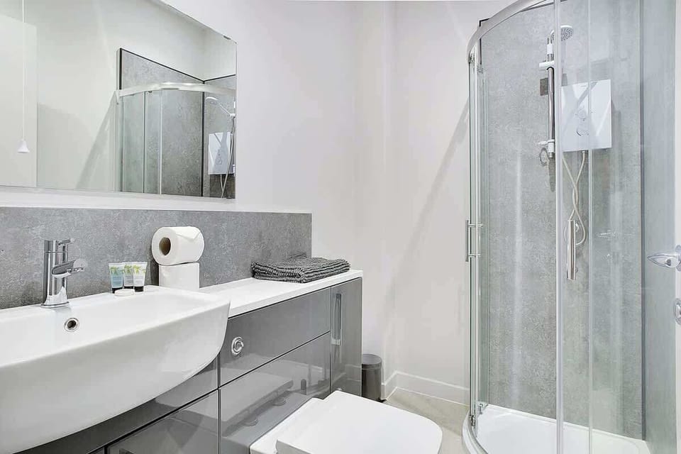 The bathroom benefits from an overhead shower, toilet and a sink. 