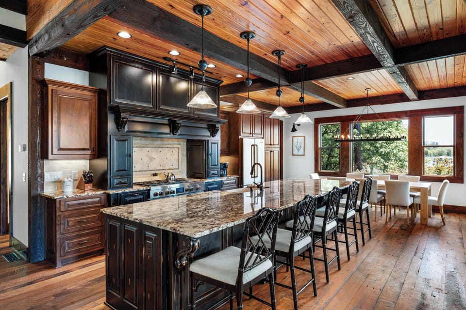Kitchen with large island bar and seating for 5