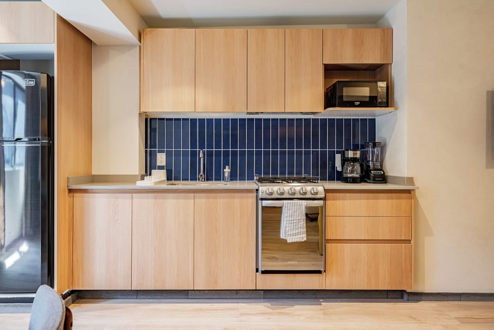 Deluxe Apartment | Private kitchen | Full-size fridge, microwave, oven, stovetop