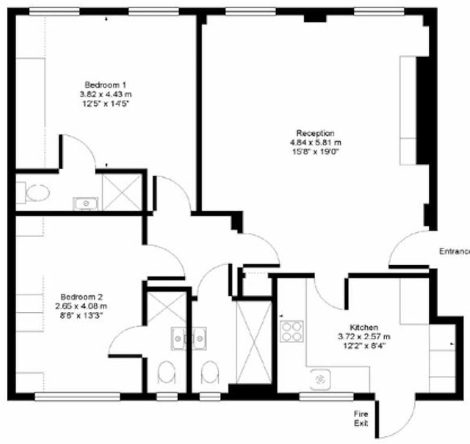 Full floor plan — 77 sqm fourth-floor apartment with two ensuite bedrooms, hallway bathroom, kitchen, living and dining room with lift access throughout.