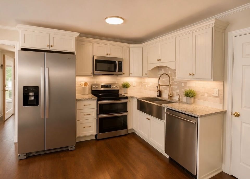     Modern kitchen featuring quartz counters and a farmhouse sink