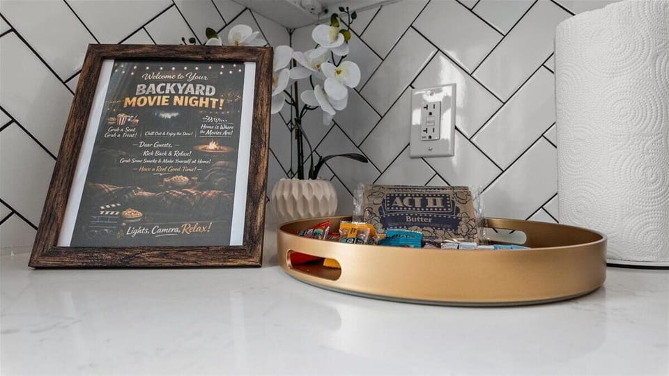 Enjoy complimentary snacks and popcorn as a welcome treat, perfect for cozy movie nights under the stars in the backyard. A simple touch to make your evenings outside feel relaxed, fun, and enjoyable.