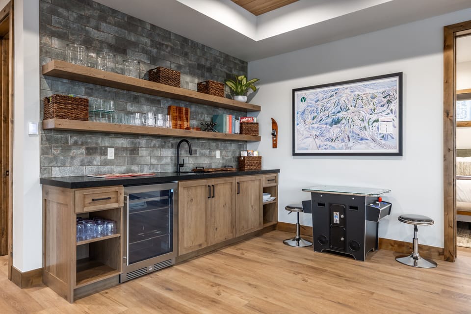 Wet bar · built-in shelving · wine storage