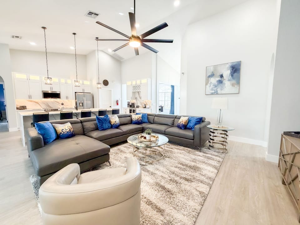 Family seating area with view of kitchen