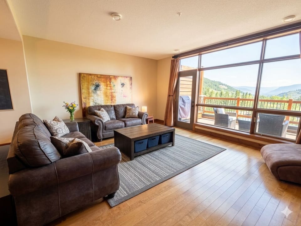 Comfortable living area with a smart TV (with basic cable), a gas fireplace and access to the main floor BBQ deck with seating.