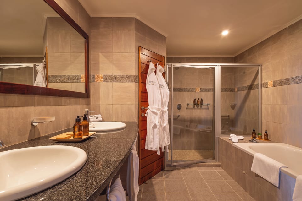 Separate tub and shower, eco-friendly toiletries, hair dryer, slippers
