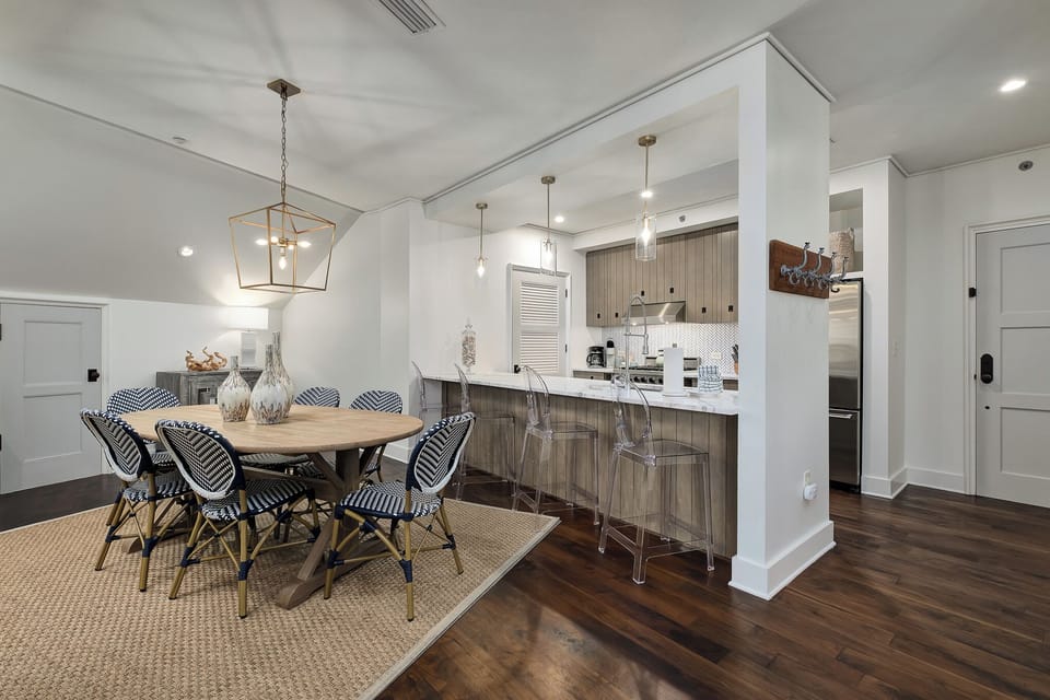 Open dinning room and kitchen.  Sitting for six at the table and four at the bar