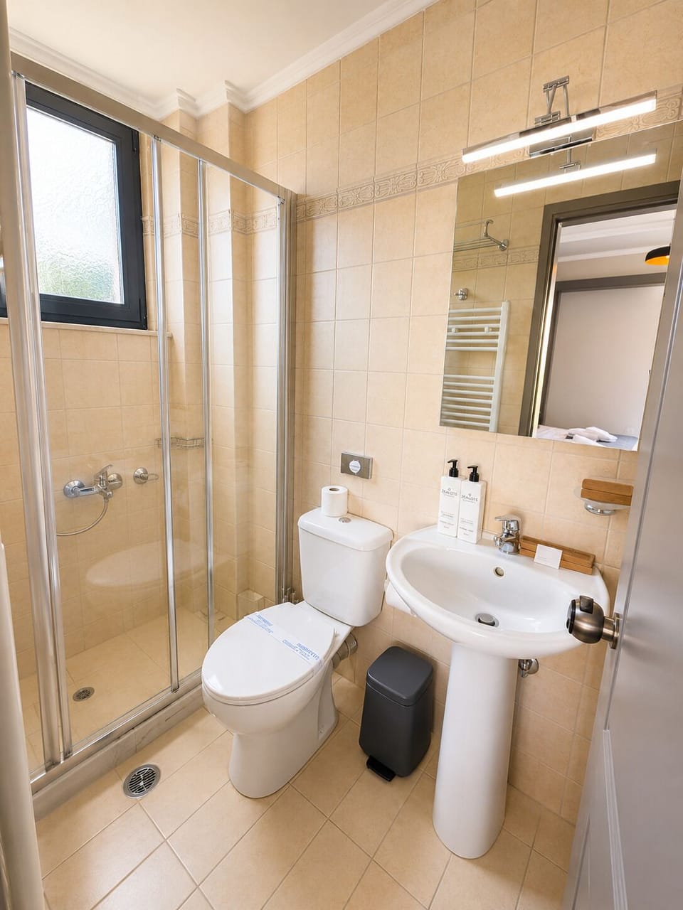 Shower, free toiletries, hair dryer, towels